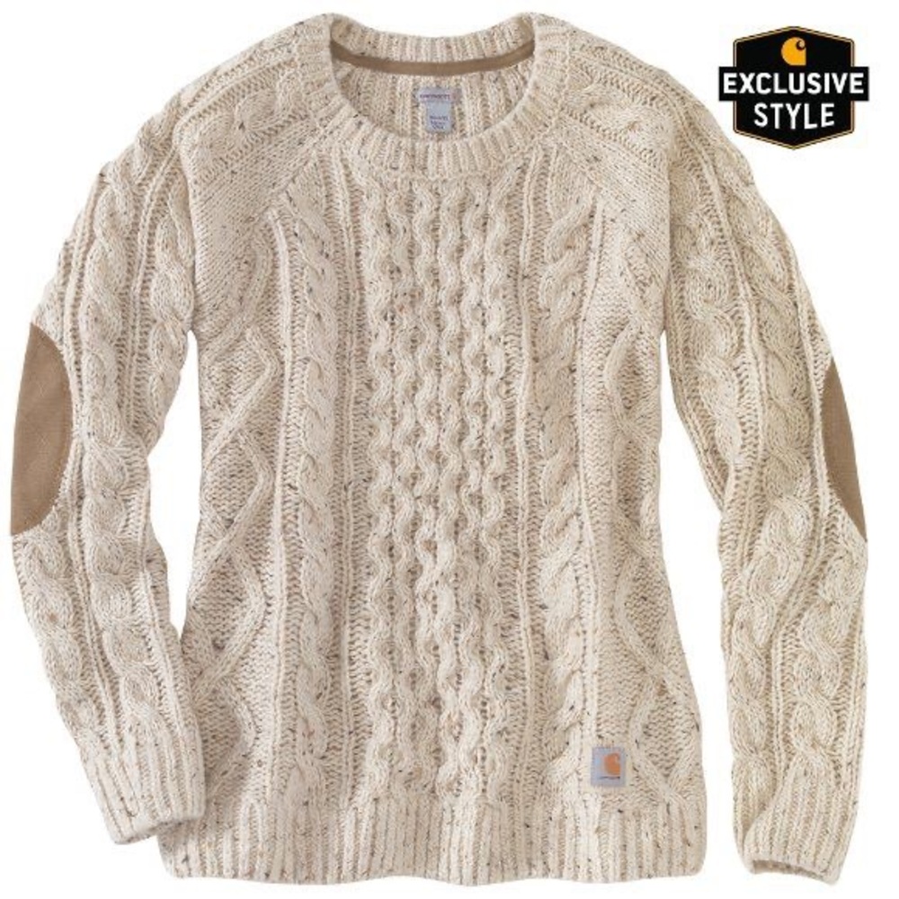 Carhartt Oatmeal Tan Wool Blend Cable Knit Sweater With Elbow Patch - Picture 1 of 10